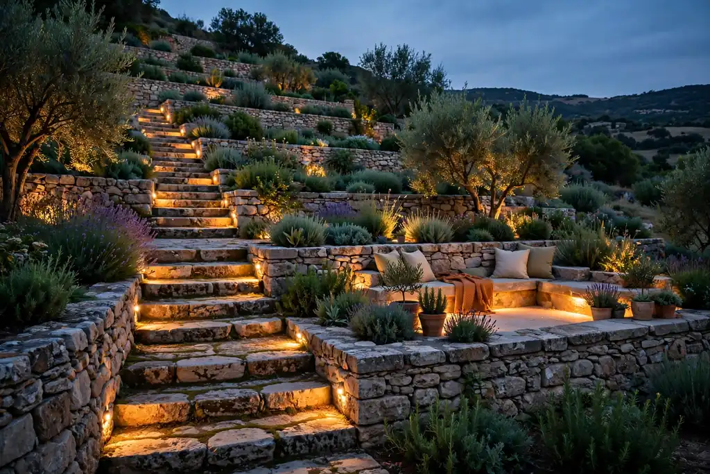 Terraced garden in the evening with warm low lights along stone steps and a seating terrace under a dusk sky