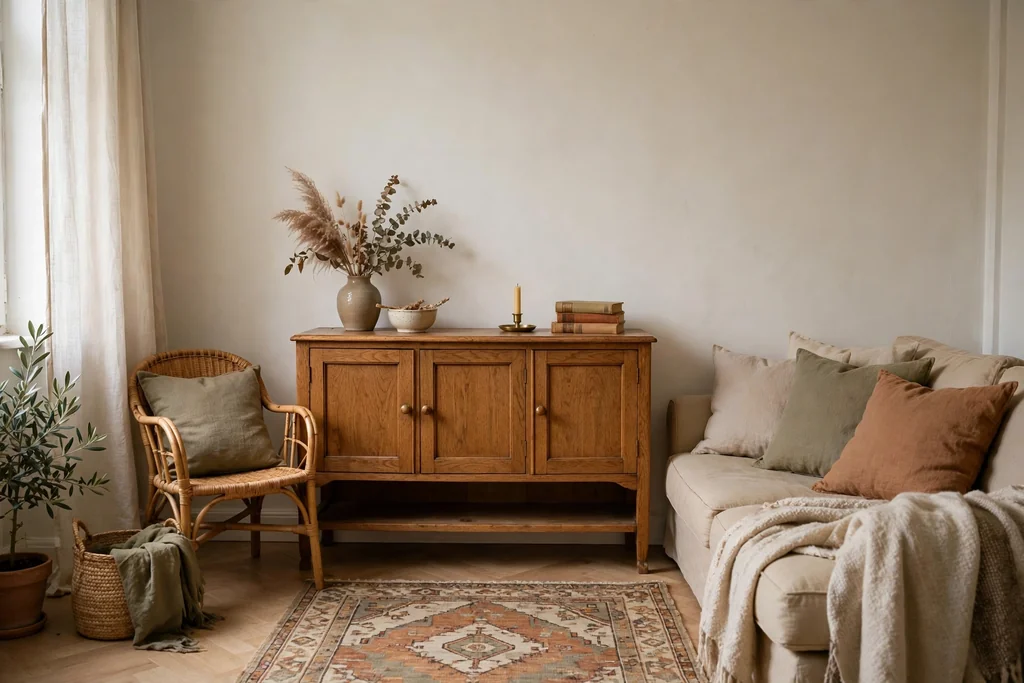 Small apartment living room anchored by a warm oak sideboard with plain walls and simple cushions.