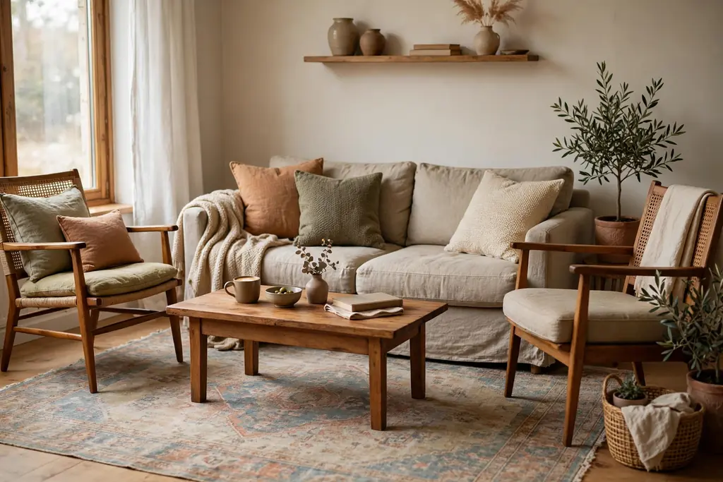 Cozy apartment seating area with a faded vintage rug under a sofa and chairs.