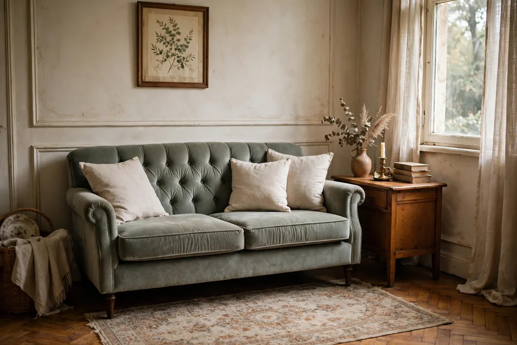 Small living room with a muted sage tufted velvet sofa and plain cushions.