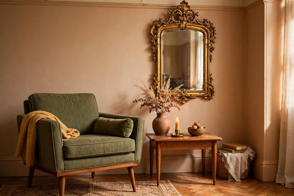 Apartment corner mixing a mid century armchair with a Victorian style mirror and a wood side table.