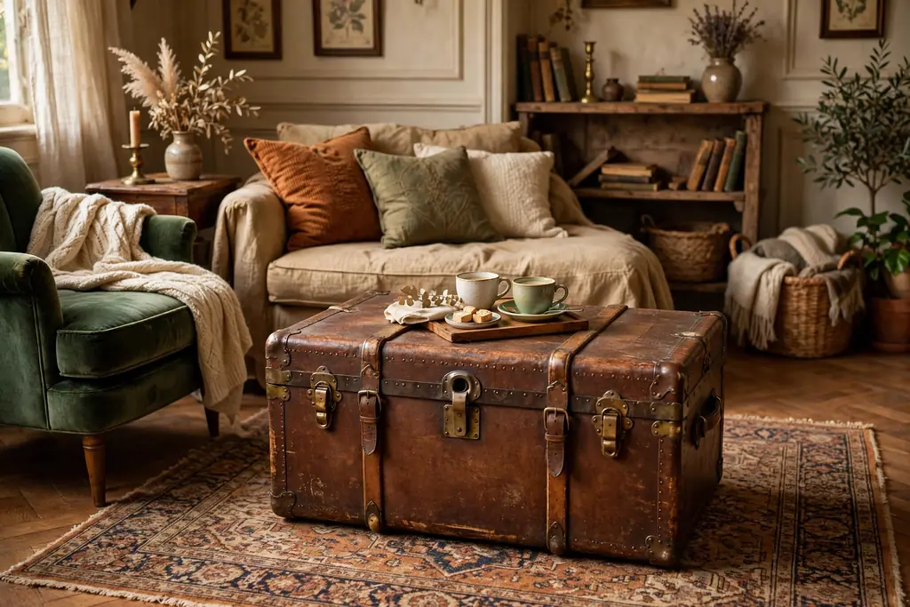 Living room with an antique trunk used as a coffee table on a rug, with a tray on top.