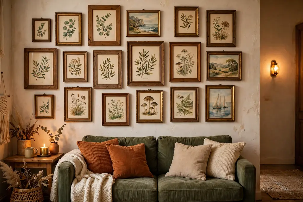 Wall of mismatched vintage frames with prints above a sofa in a small apartment.