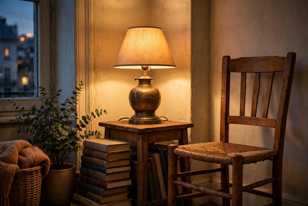 Warm apartment corner lit by a brass table lamp with an aged metal finish.
