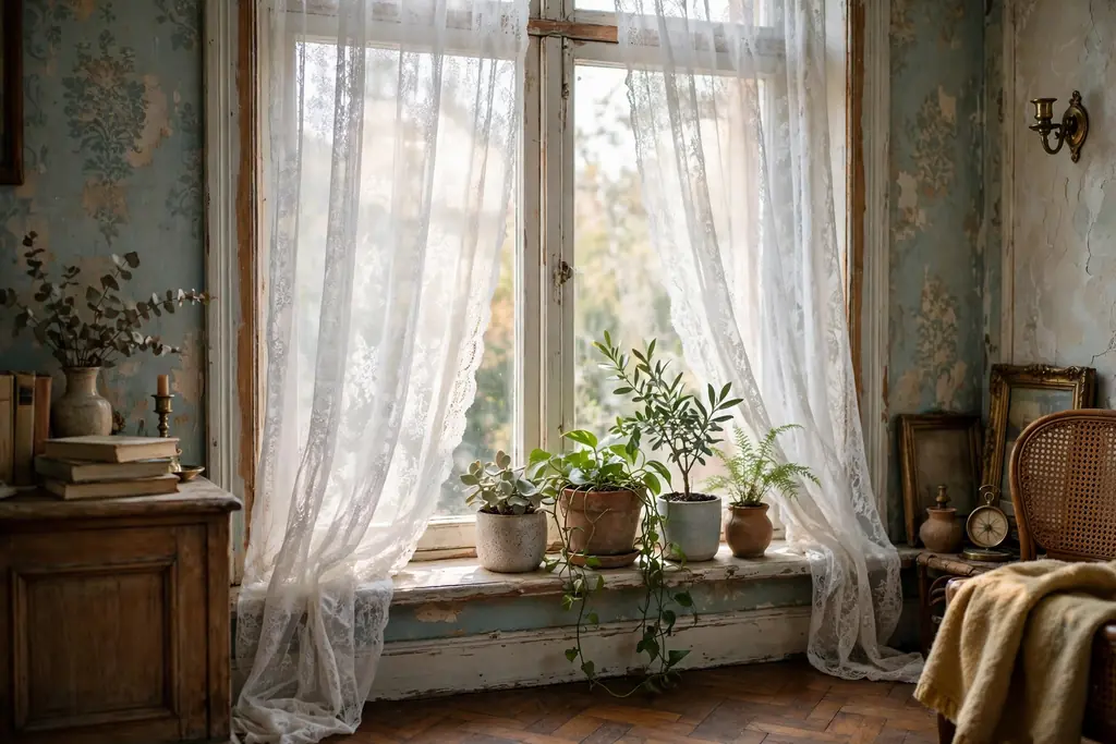 Bright apartment window with lace sheer curtains filtering daylight.