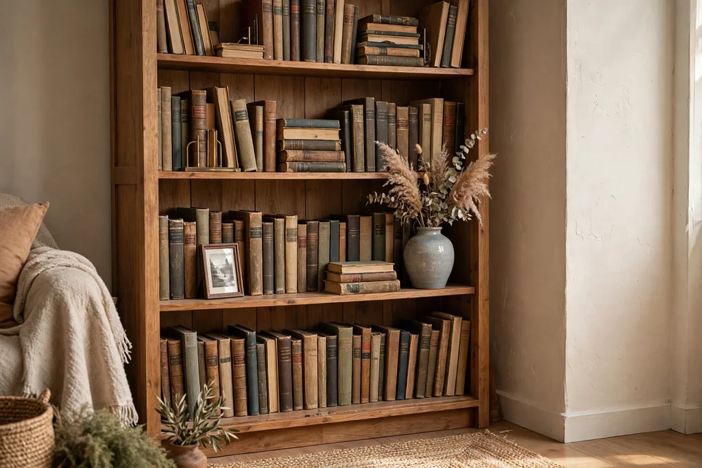 Open wood bookcase filled with books, a vase, and a small framed photo.