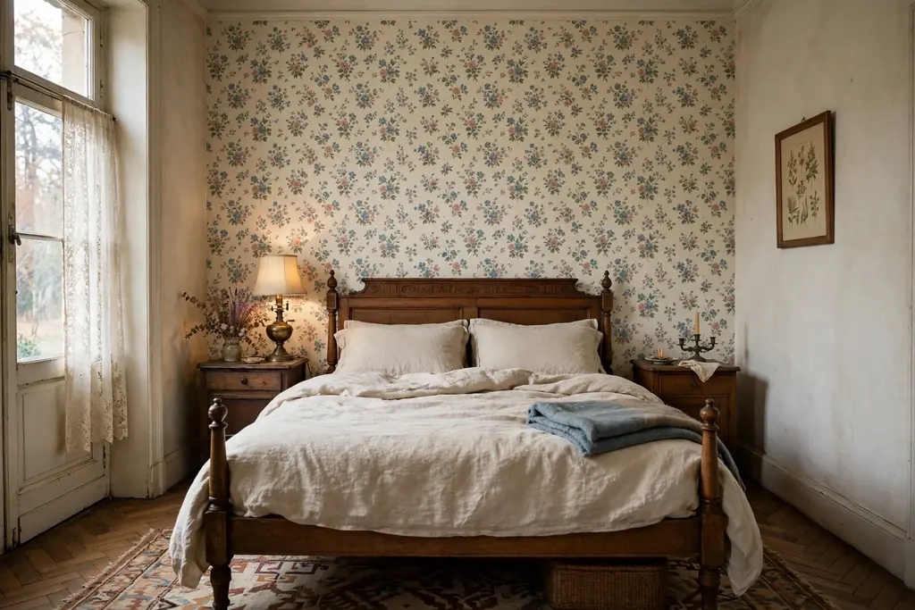 Bedroom with one accent wall in a small classic floral wallpaper behind the bed.