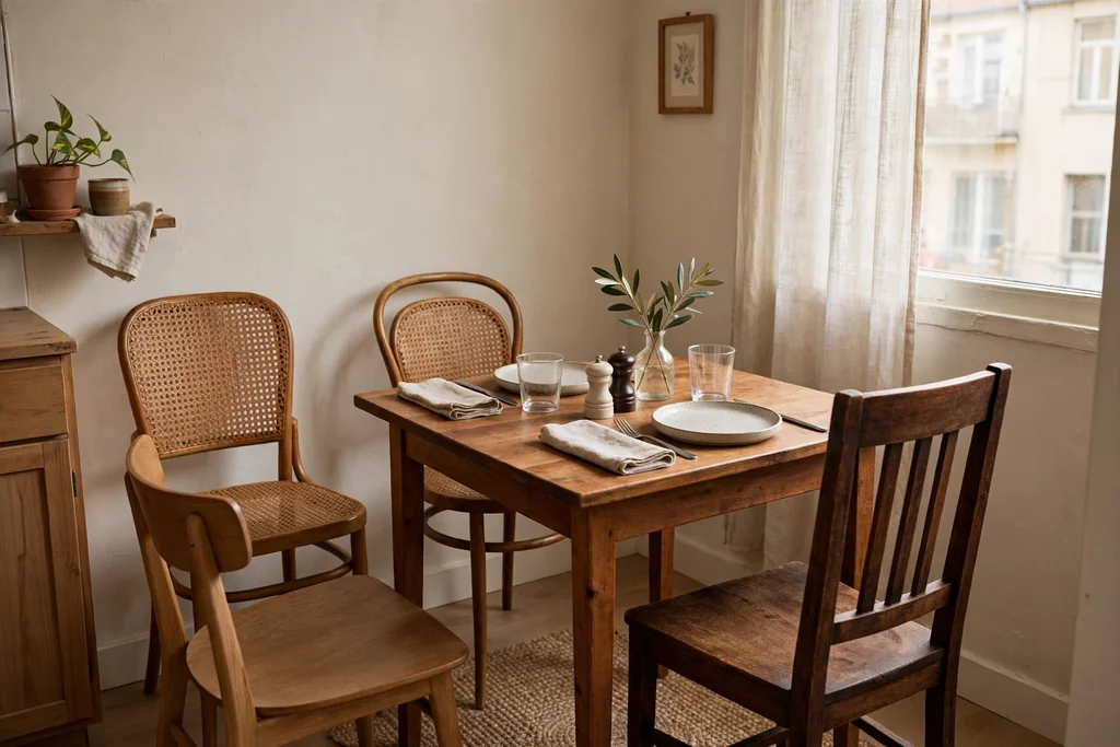 Wood dining table surrounded by mismatched wood and cane chairs in a small apartment.