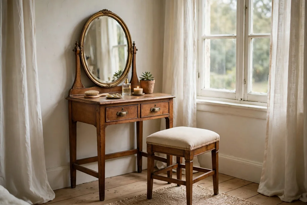 Small vintage dressing table with a mirror and stool beside a bedroom window.