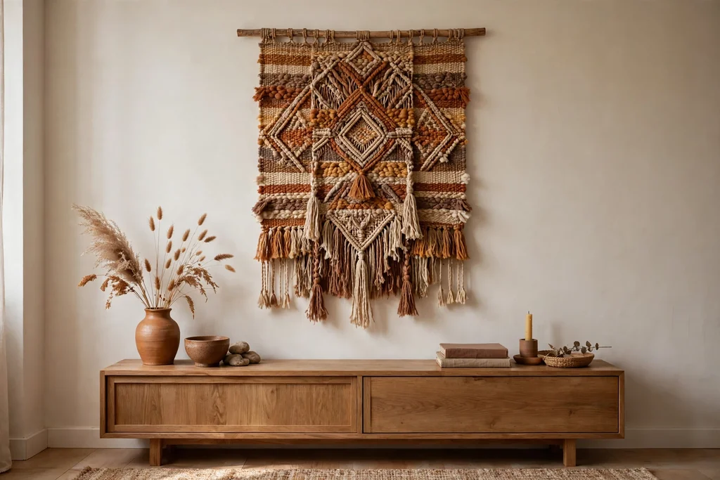 Woven textile hanging on a plain apartment wall above a low console.