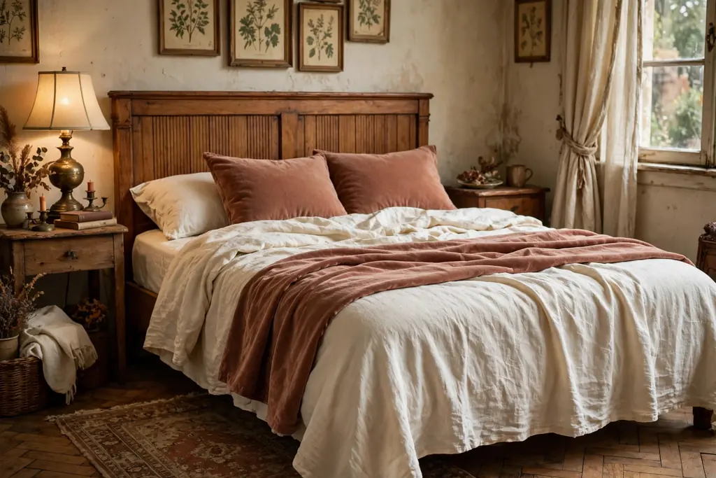 Bed layered with linen sheets and a muted rust velvet throw and cushions.