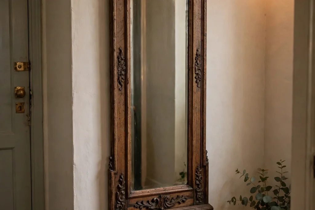 Small apartment entry with a tall antique mirror in a wood frame and a key tray below.