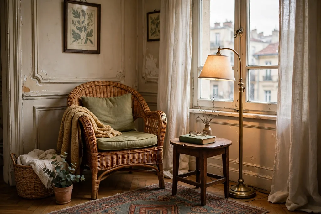 Reading corner with a wicker chair, small side table, and floor lamp by a window.