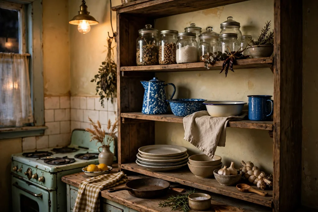 Open kitchen shelving displaying enamelware, glass jars, and stoneware plates.