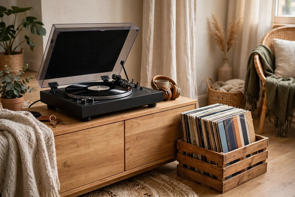 Record player on a low wood unit with vinyl records stored upright beside it.