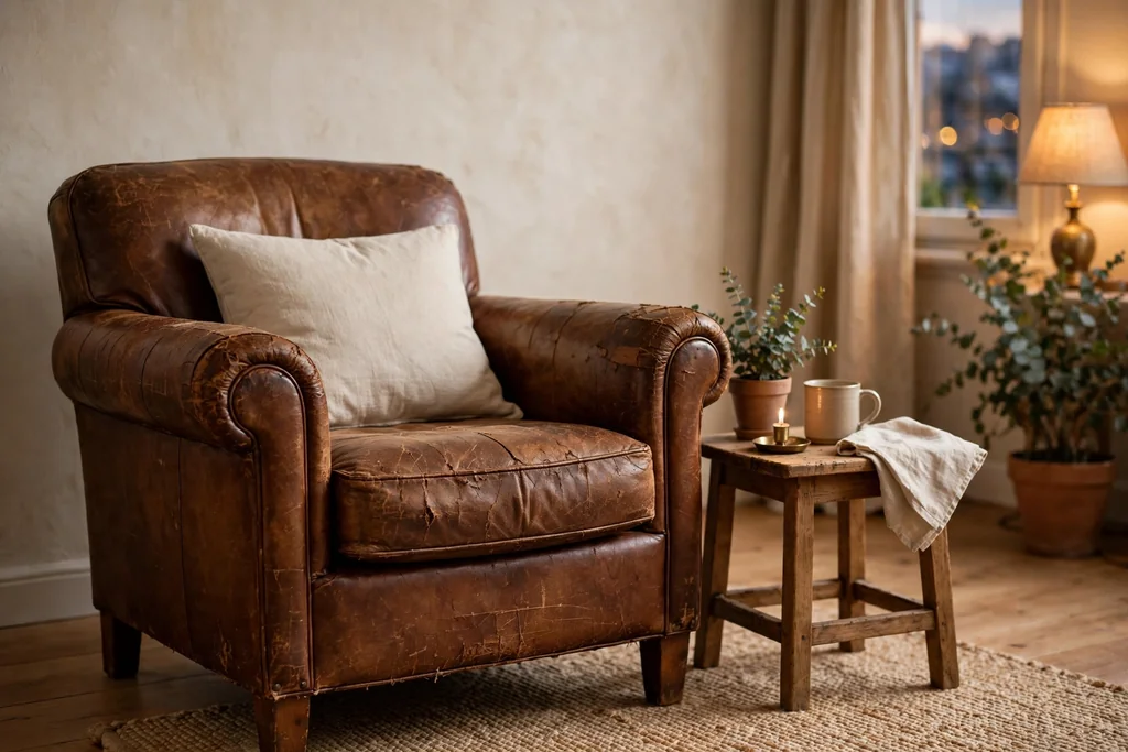 Timeworn brown leather armchair with a plain cushion beside a small side table.