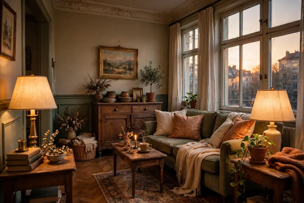 Living room in warm evening light with linen fabric lampshades on table lamps.