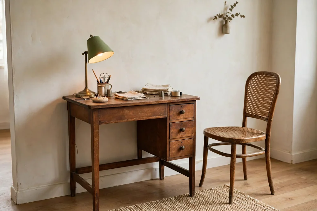 Small vintage sewing table used as a desk with drawers, a lamp, and a chair.