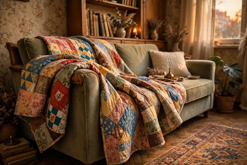 Patchwork quilt draped over a sofa arm in a cozy vintage apartment living room.