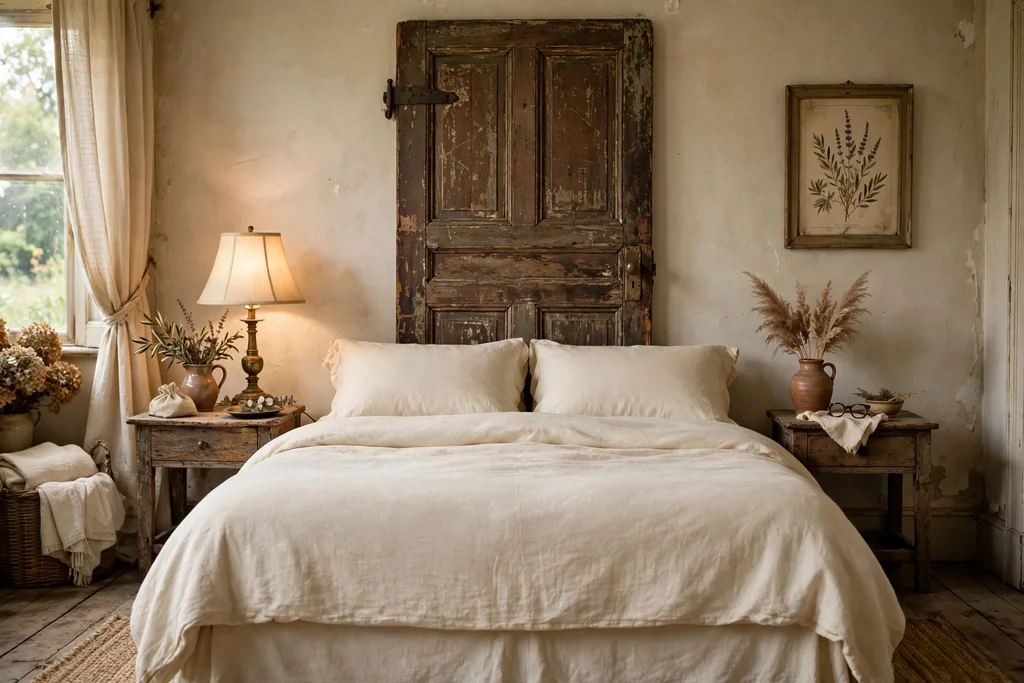 Bedroom with an old wood door used as a headboard behind a bed with plain bedding.