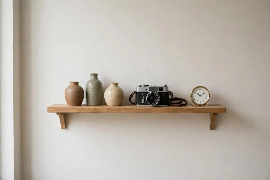 Single shelf with a small curated row of ceramic vases, an old camera, and a small clock.