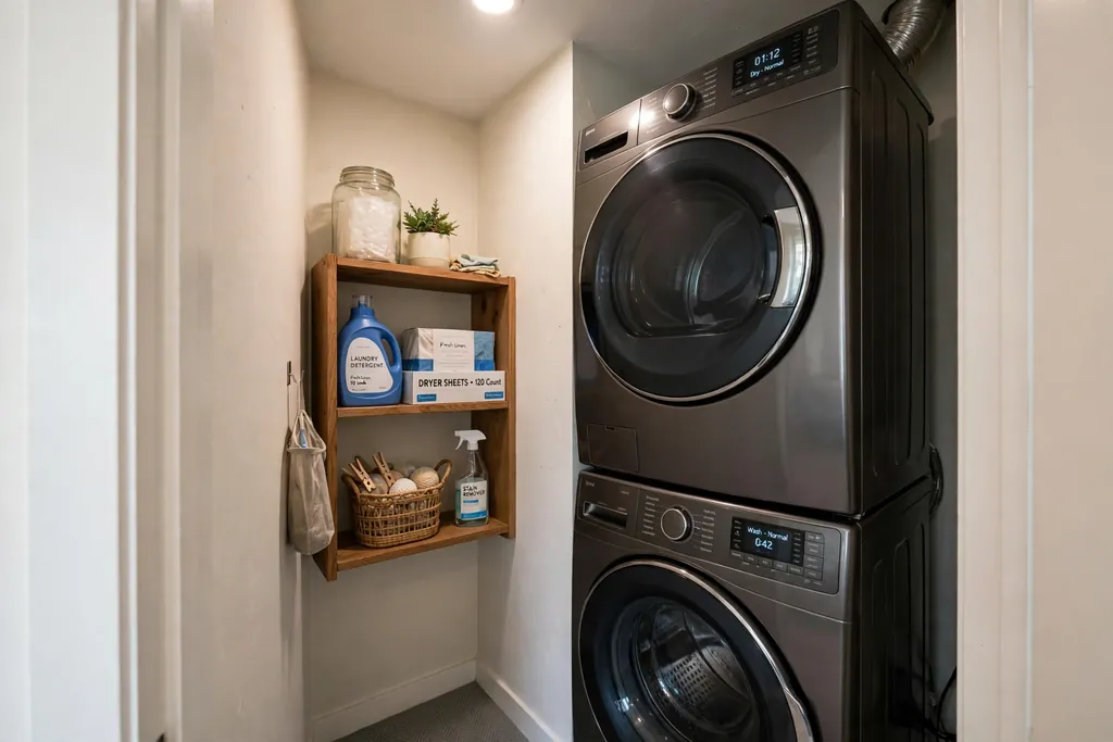 Stacked washer and dryer tower in a narrow laundry closet with a shelf beside it.