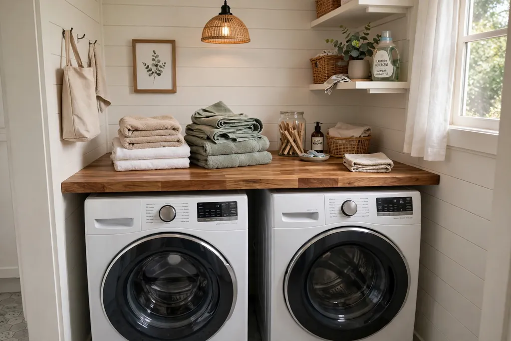 Wood countertop over two front-loading washing machines with folded towels on top.