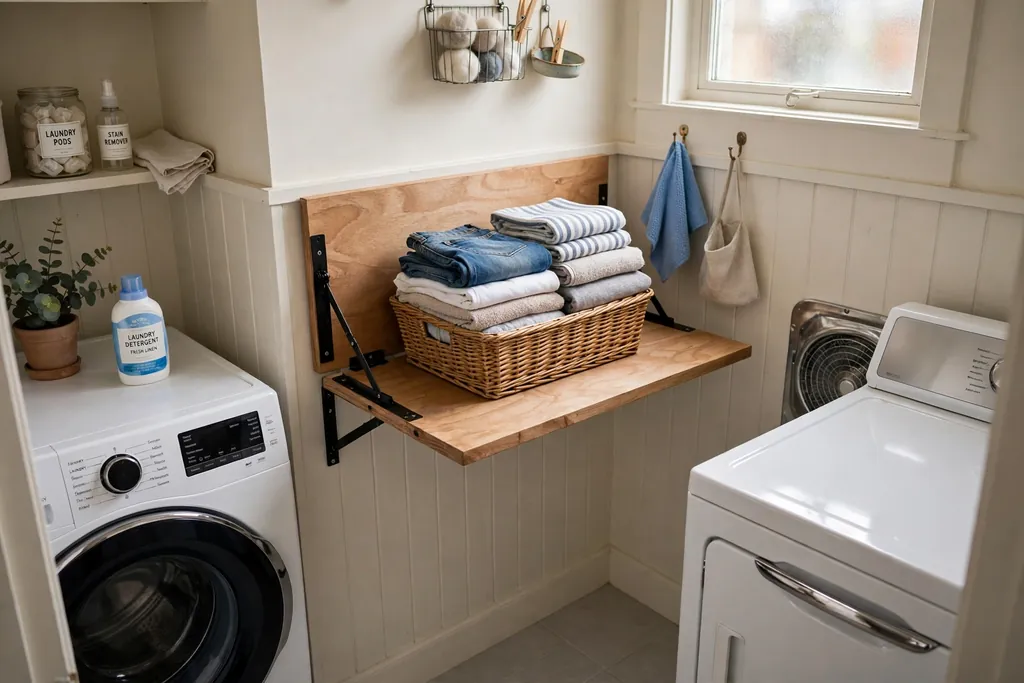 Fold-down wall shelf in a small laundry room with a basket of folded clothes on it.