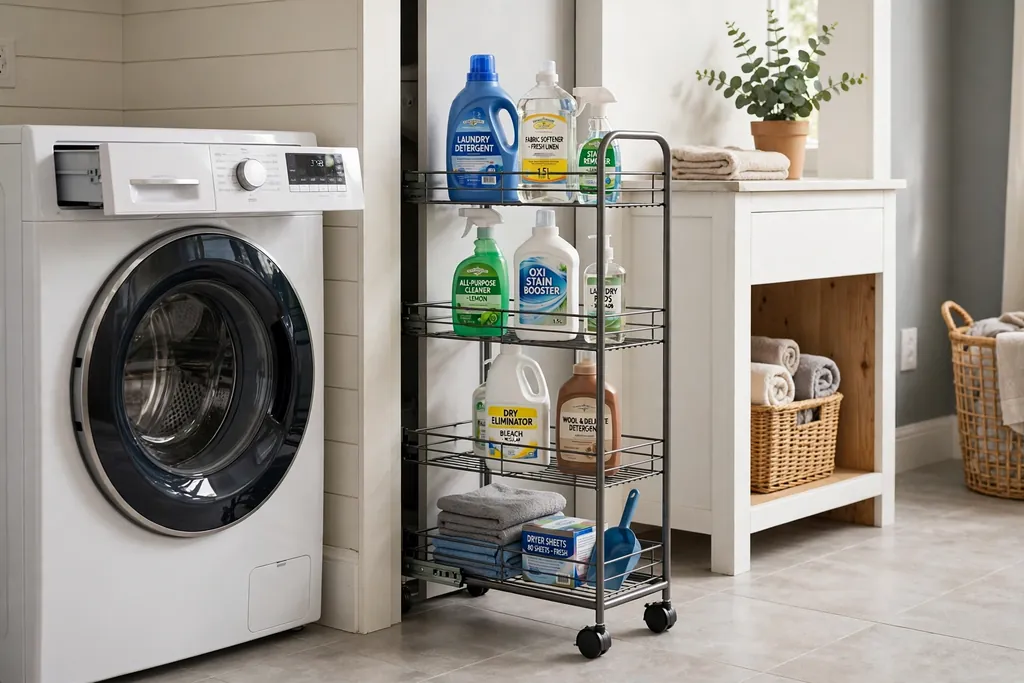 Slim rolling cart pulled out from the gap beside a washing machine with detergent bottles.