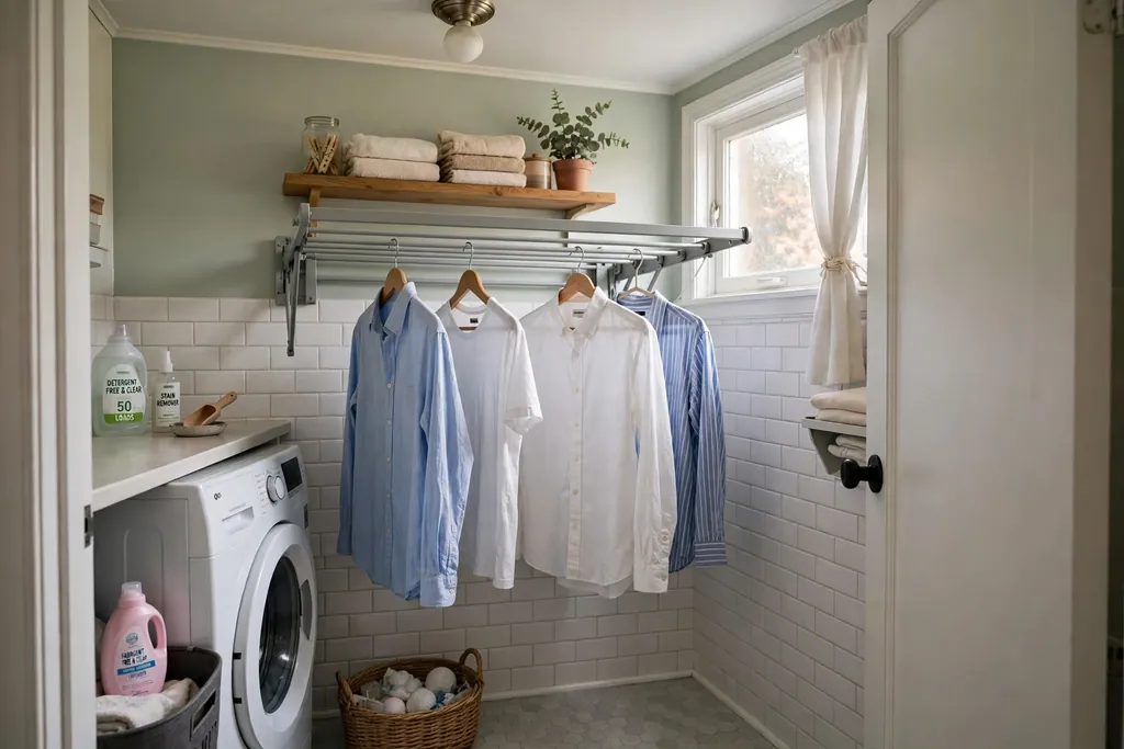 Fold-away wall-mounted drying rack with shirts hanging in a small laundry room.