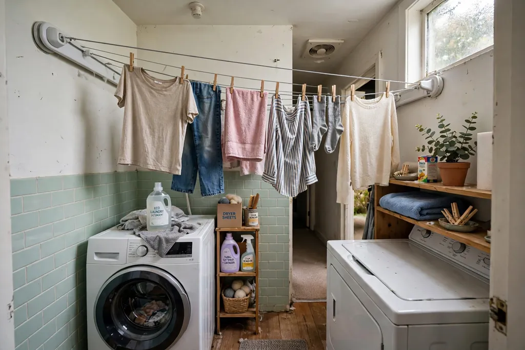 Retractable clothesline stretched across a tiny laundry room with clothes hanging.