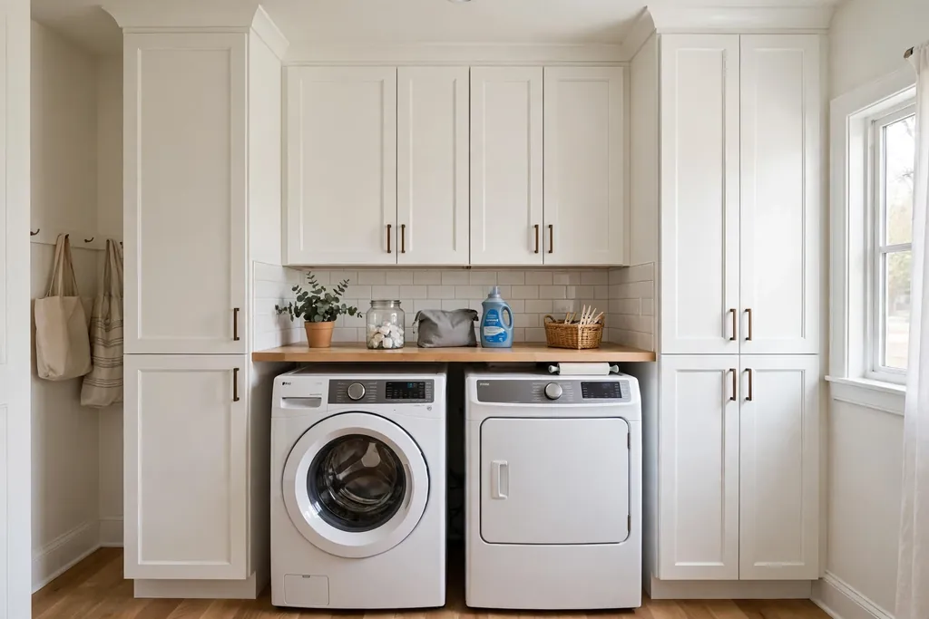 White cabinets reaching to the ceiling above a washer and dryer in a small laundry room.