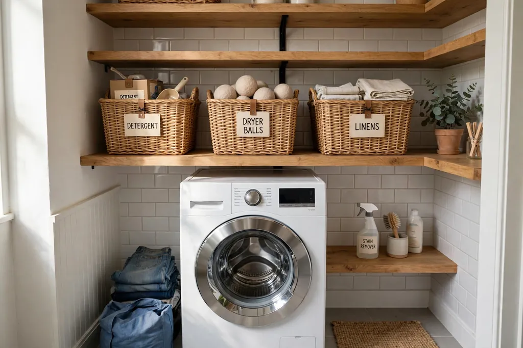 Open wood shelves with matching labelled baskets above a washing machine.