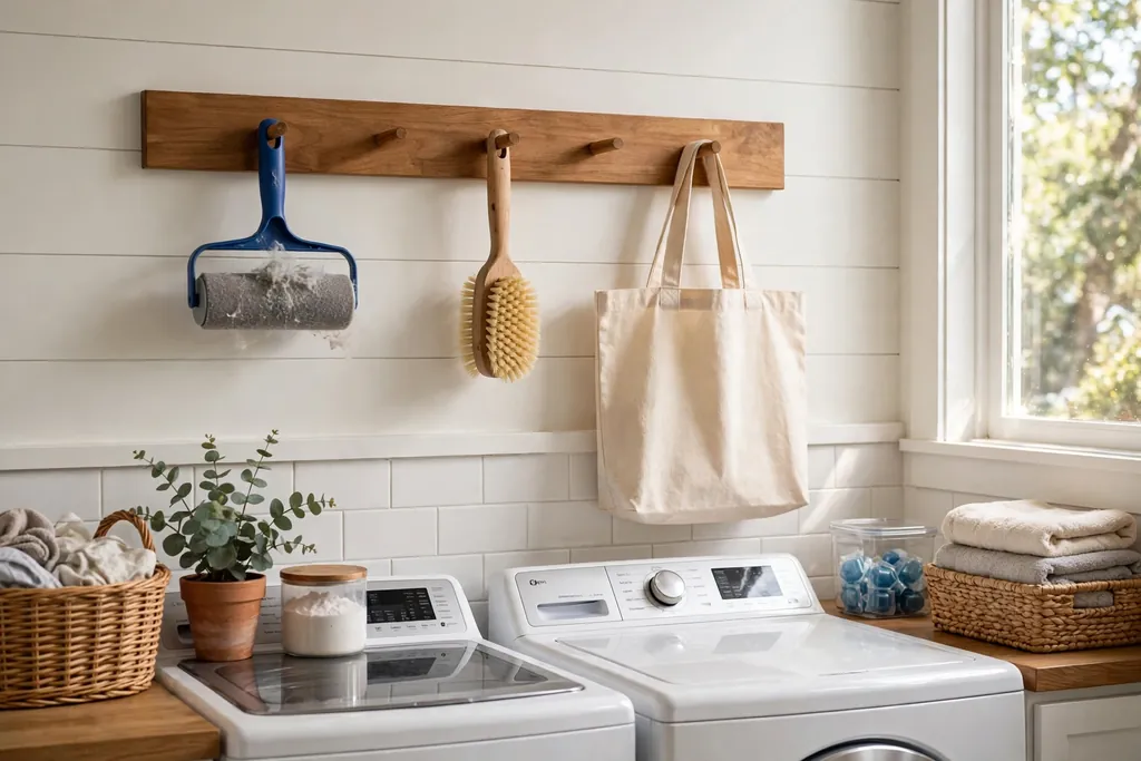 Wood peg rail on a laundry room wall holding a lint roller, brush, and tote bag.