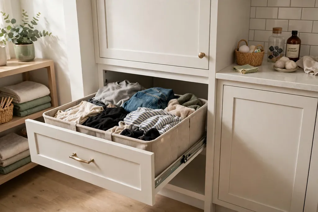 Pull-out hamper drawer open in a laundry cabinet with clothes inside.