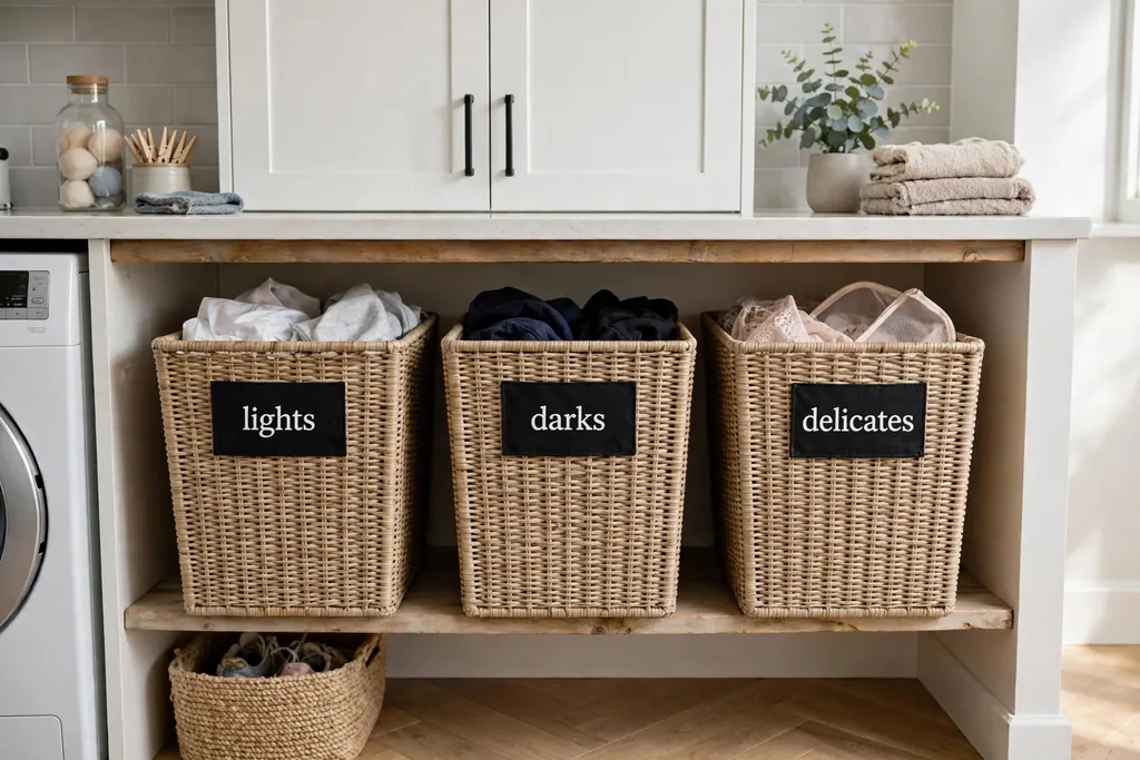 Three slim sorting bins labelled for lights, darks, and delicates on a low shelf.