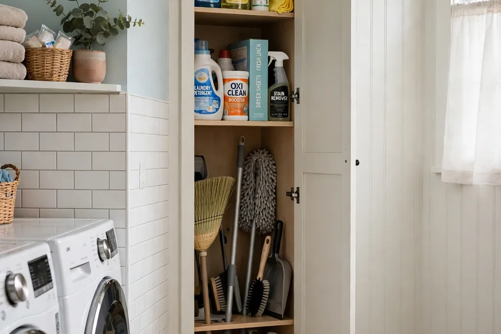 Tall narrow cabinet in a laundry room corner holding brooms and cleaning supplies.