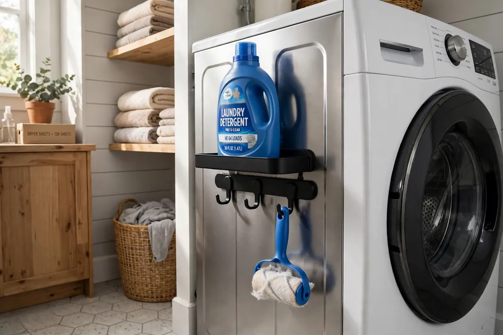 Magnetic shelves and hooks on the side of a washing machine holding detergent and a lint roller.