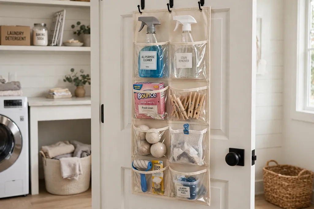 Over-door organizer with clear pockets holding sprays and small laundry items.