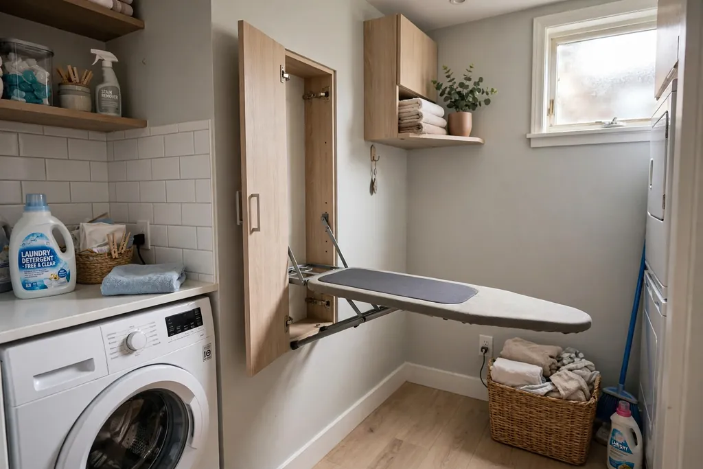 Wall-mounted ironing board folded down from a slim cabinet in a laundry room.