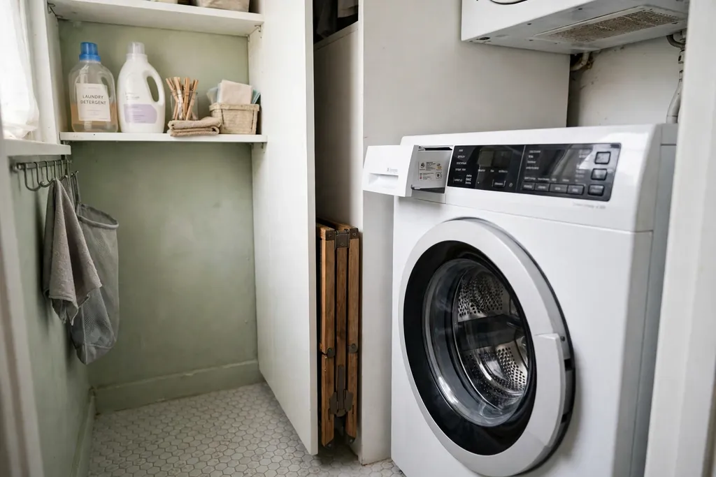 Foldable step stool tucked in a slim slot beside a washing machine.