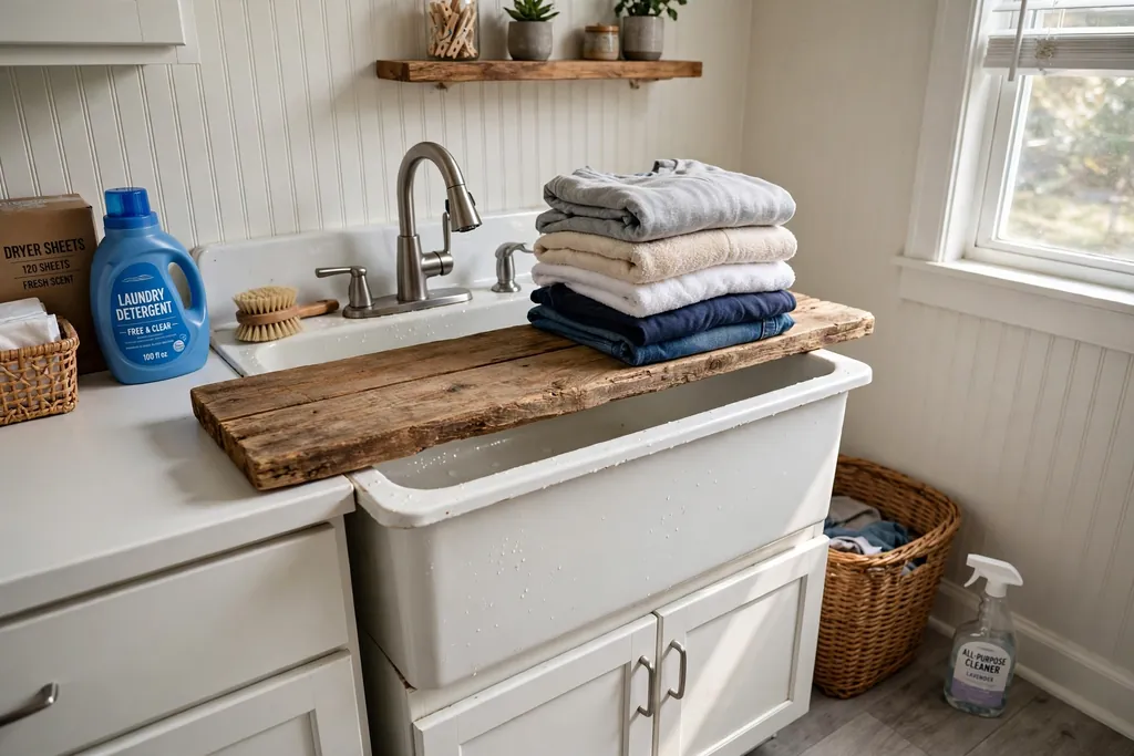 Wood board resting over a utility sink in a laundry room with folded clothes on top.