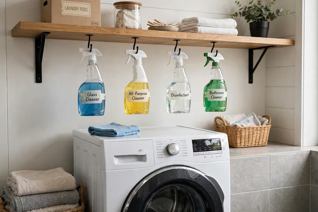 Spray bottles hanging from hooks under a laundry room shelf.