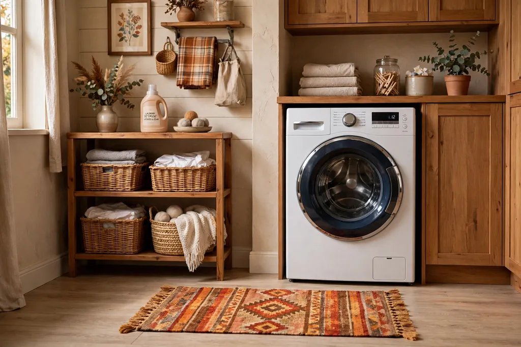 Small washable rug in warm autumn colors in front of a washing machine.