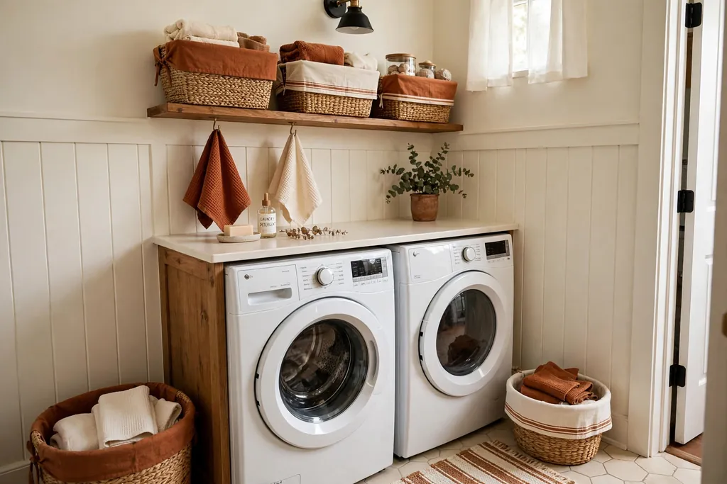 Rust and cream hand towels and basket liners in a small laundry room.