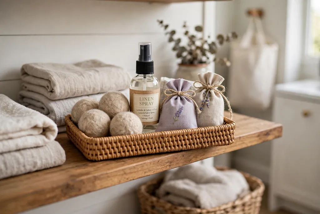 Small tray with dryer balls, linen spray, and sachets on a laundry room shelf.