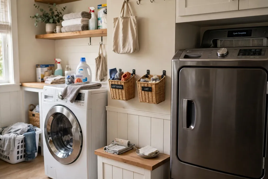Two small labelled wall bins for lost socks and lint near a dryer.