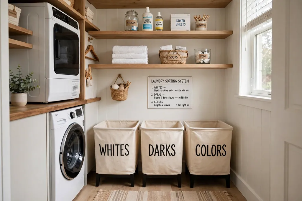 Labelled bins and shelves in a tidy small laundry room with a simple sorting system.