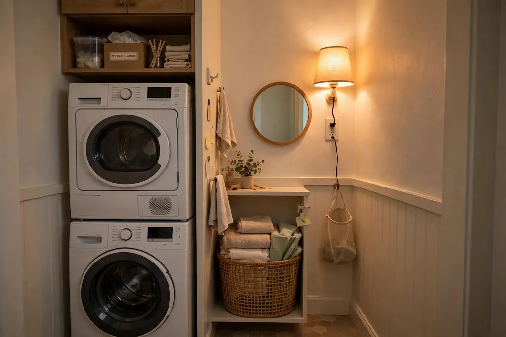 Tiny laundry room with a warm plug-in light and a small mirror on the wall.
