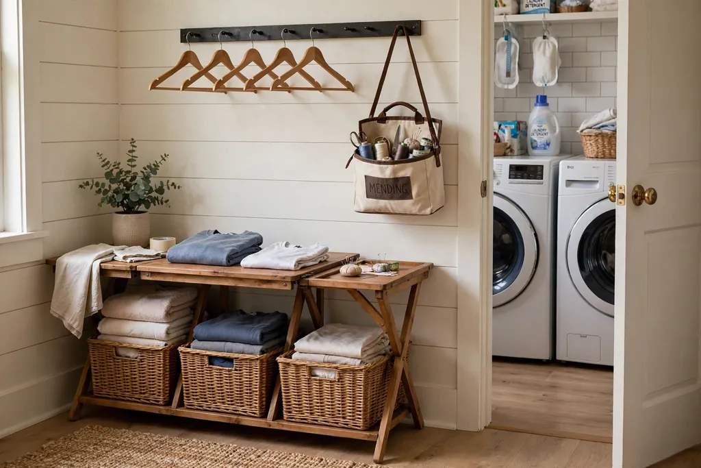Folding basket station near a laundry room door with hangers and a mending bag.